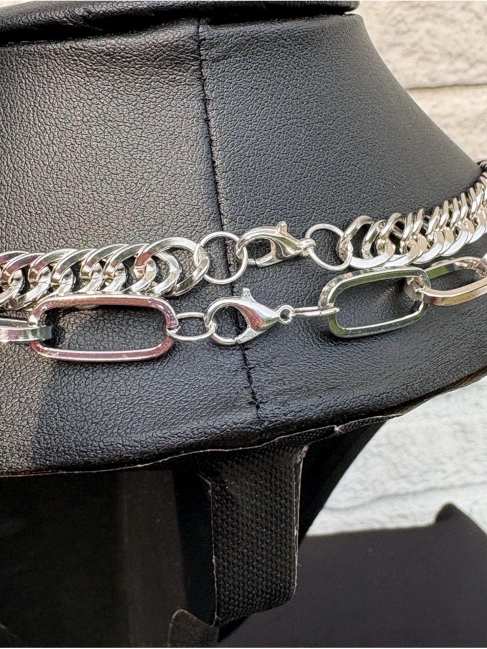 Silver Layered Chain Necklace with Round Pendant - Picture 6 of 6